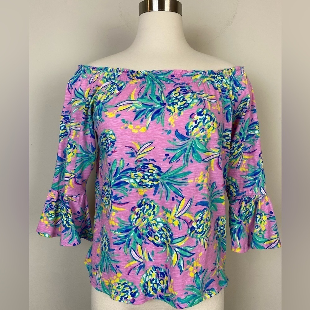 Stella Parker Fresh Pink Top Tropical Elastic Neckline Size S Off Shoulder Flowy